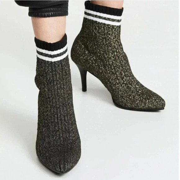 Stuart Weitzman Waverly Gold Black Knit Sock Striped Metallic Booties Size 7.5 - Picture 14 of 14